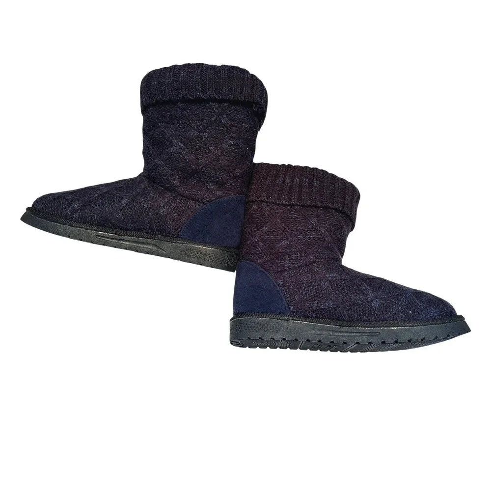 NWT Muk Luks Womens Knit Button Booties Navy Black Cozy Slipper Boots Sz 7